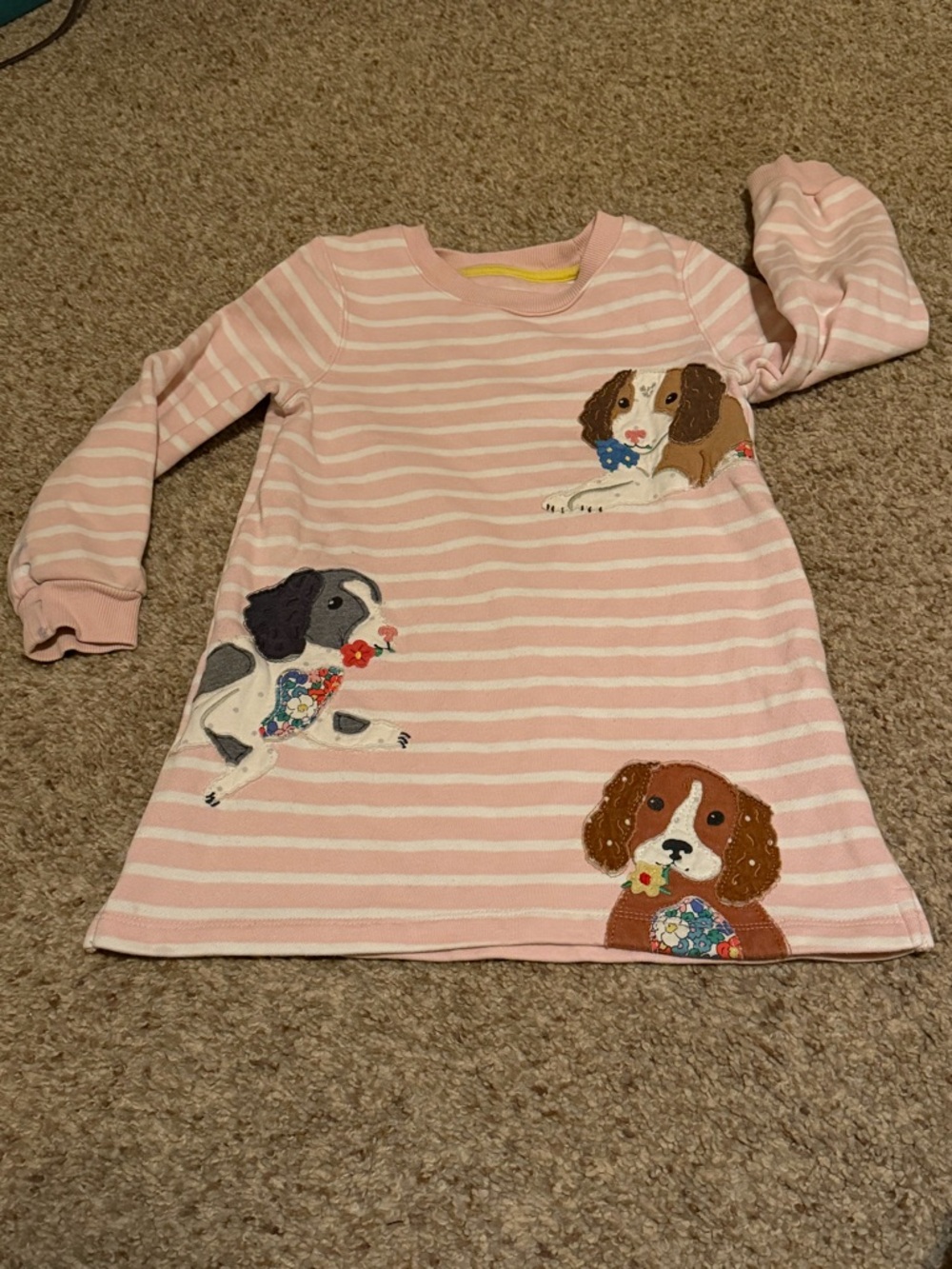 Girls Pink Stripe Dress with Puppy Appliqués